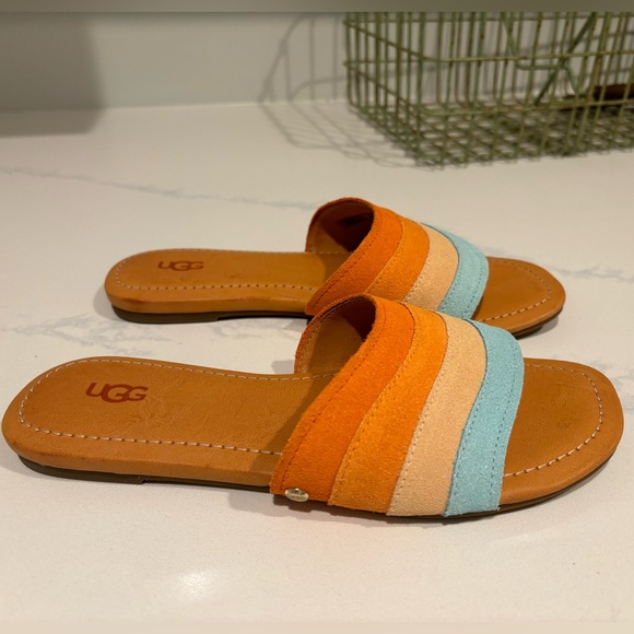 UGG Ximena slides sandals size 8 suede multi stripes in mandarin and sky - Picture 2 of 6
